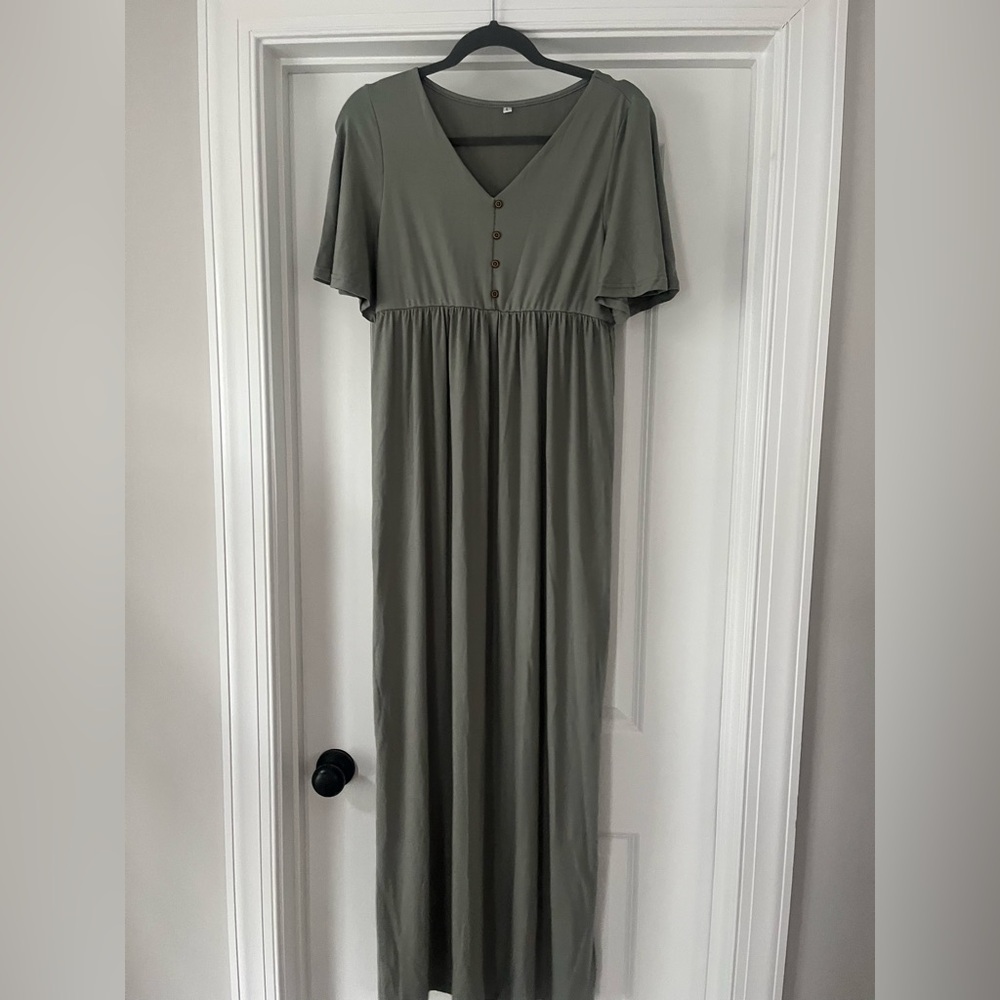 Olive Green Maxi Dress with Button Detail-Maternity Large